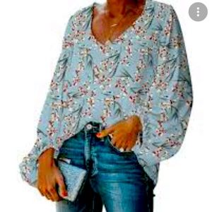 Belongsci Peasant Blouse Floral Balloon Sleeve Sz L